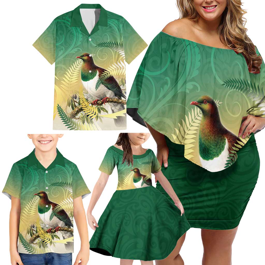 New Zealand Pigeon Kereru Family Matching Off Shoulder Short Dress and Hawaiian Shirt Maori Fern Art Green Gradient - Polynesian Pride