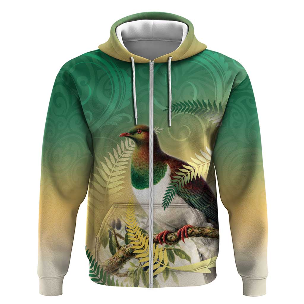 New Zealand Pigeon Kereru Hoodie Maori Fern Art Green Gradient LT05 Zip Hoodie Green - Polynesian Pride