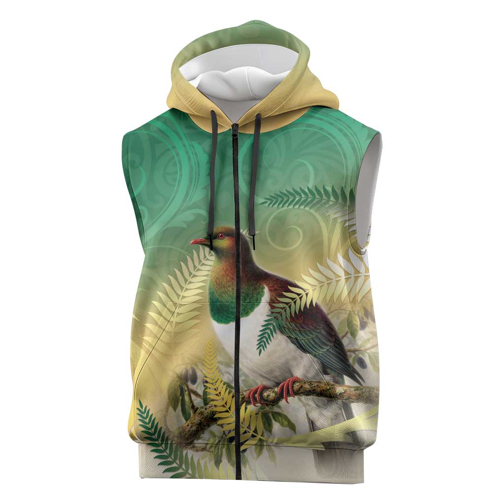 New Zealand Pigeon Kereru Sleeveless Zip Hoodie Maori Fern Art Green Gradient - Polynesian Pride