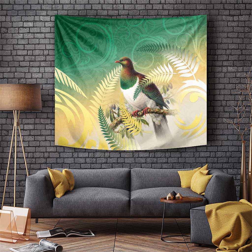 New Zealand Pigeon Kereru Tapestry Maori Fern Art Green Gradient - Polynesian Pride
