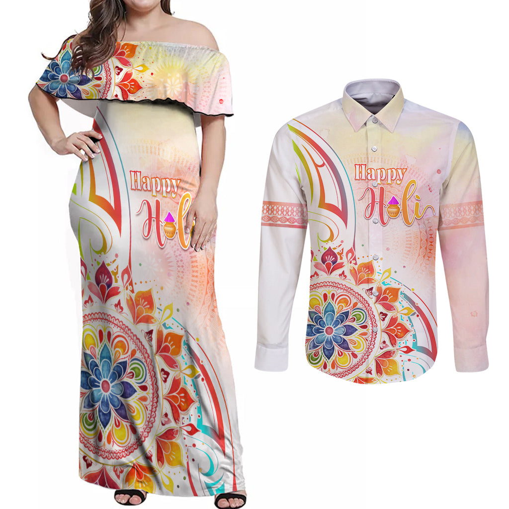 Happy Holi Festival Couples Matching Off Shoulder Maxi Dress and Long Sleeve Button Shirt Rangoli With Polynesian Pattern LT05 White - Polynesian Pride
