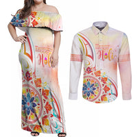 Happy Holi Festival Couples Matching Off Shoulder Maxi Dress and Long Sleeve Button Shirt Rangoli With Polynesian Pattern LT05 White - Polynesian Pride