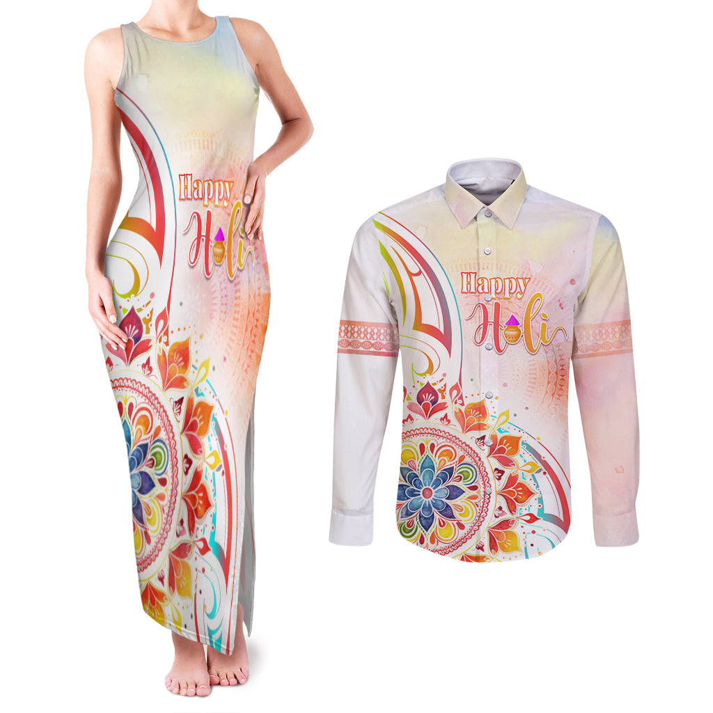 Happy Holi Festival Couples Matching Tank Maxi Dress and Long Sleeve Button Shirt Rangoli With Polynesian Pattern LT05 White - Polynesian Pride