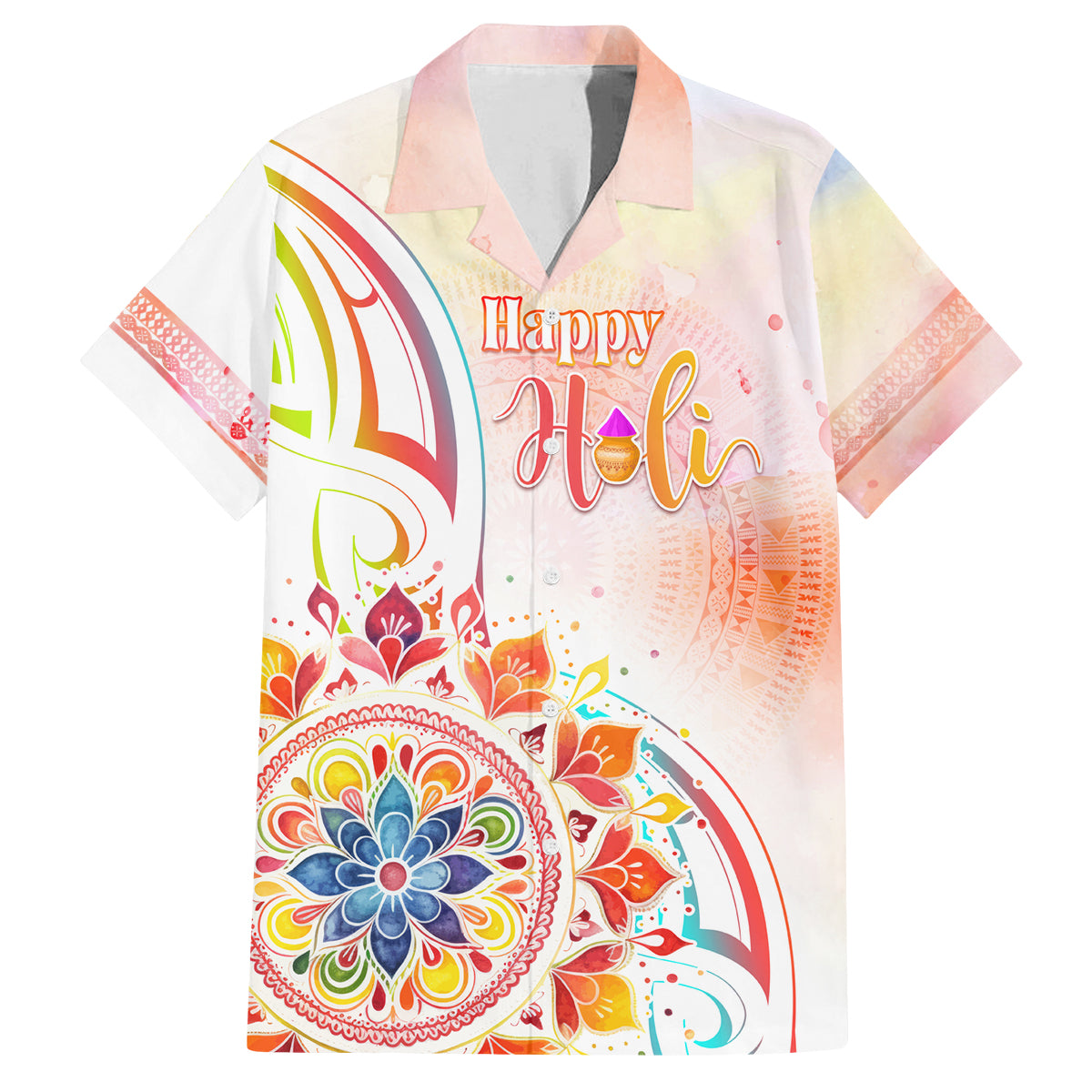 Happy Holi Festival Family Matching Off The Shoulder Long Sleeve Dress and Hawaiian Shirt Rangoli With Polynesian Pattern LT05 Dad's Shirt - Short Sleeve White - Polynesian Pride