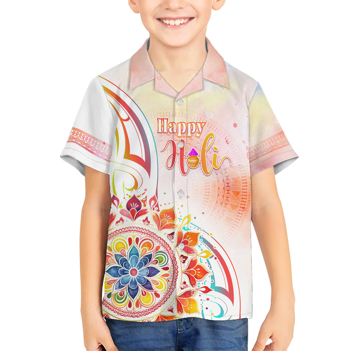 Happy Holi Festival Family Matching Off The Shoulder Long Sleeve Dress and Hawaiian Shirt Rangoli With Polynesian Pattern LT05 Son's Shirt White - Polynesian Pride