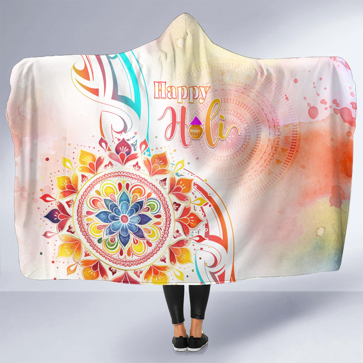 Happy Holi Festival Hooded Blanket Rangoli With Polynesian Pattern LT05 - Polynesian Pride