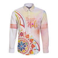 Happy Holi Festival Long Sleeve Button Shirt Rangoli With Polynesian Pattern LT05 Unisex White - Polynesian Pride