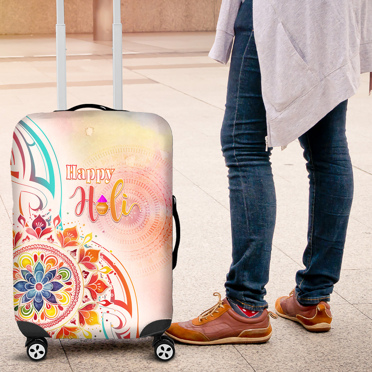 Happy Holi Festival Luggage Cover Rangoli With Polynesian Pattern LT05 White - Polynesian Pride