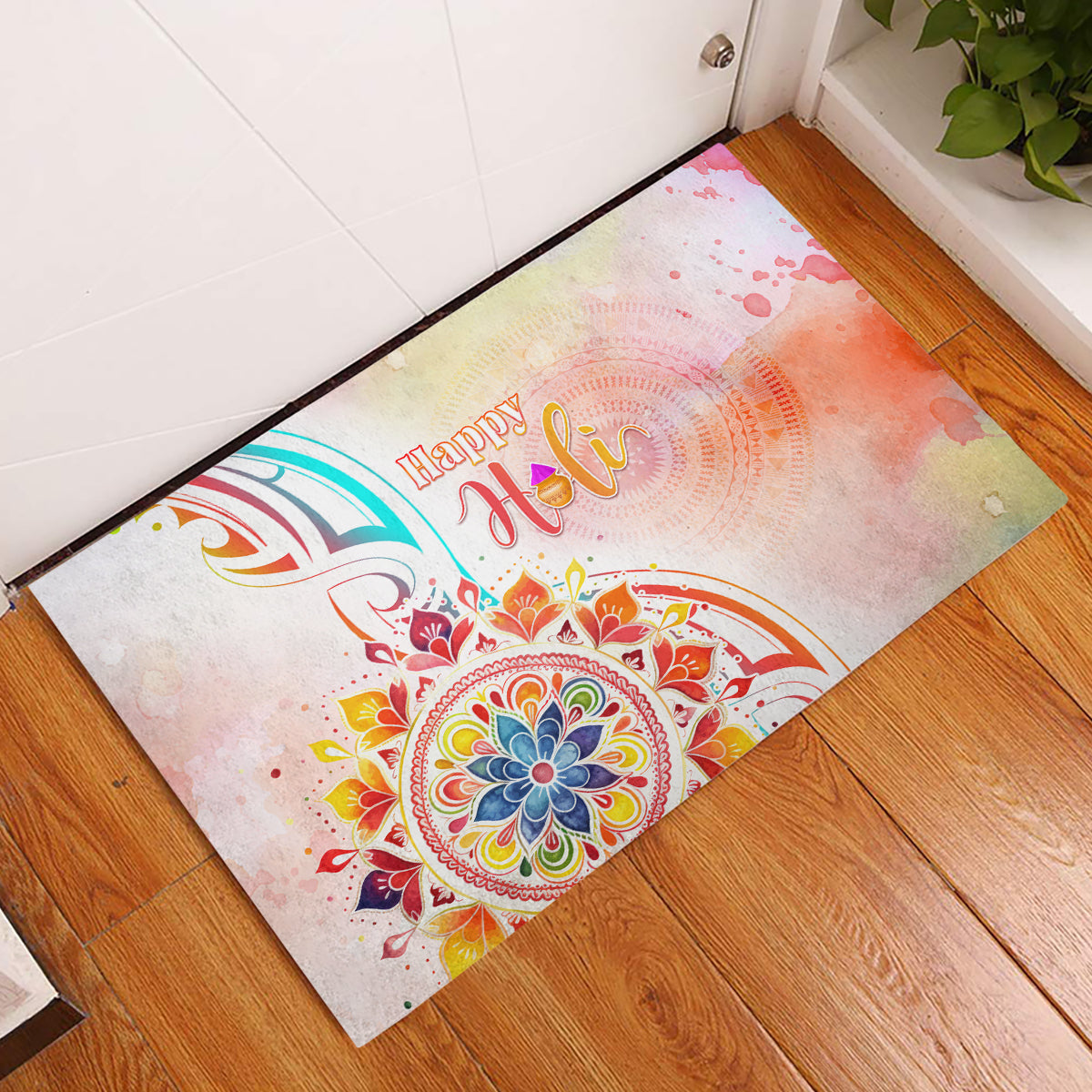 Happy Holi Festival Rubber Doormat Rangoli With Polynesian Pattern LT05 White - Polynesian Pride