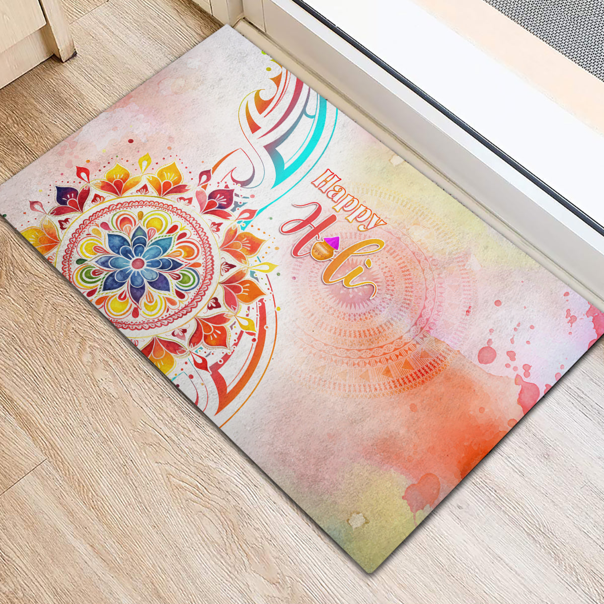 Happy Holi Festival Rubber Doormat Rangoli With Polynesian Pattern LT05 - Polynesian Pride