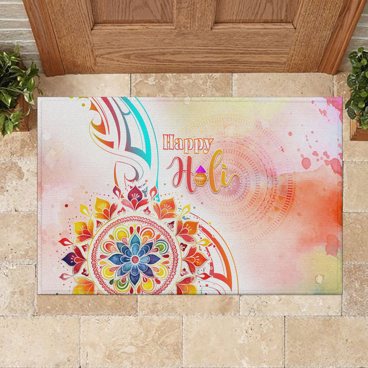 Happy Holi Festival Rubber Doormat Rangoli With Polynesian Pattern LT05 - Polynesian Pride