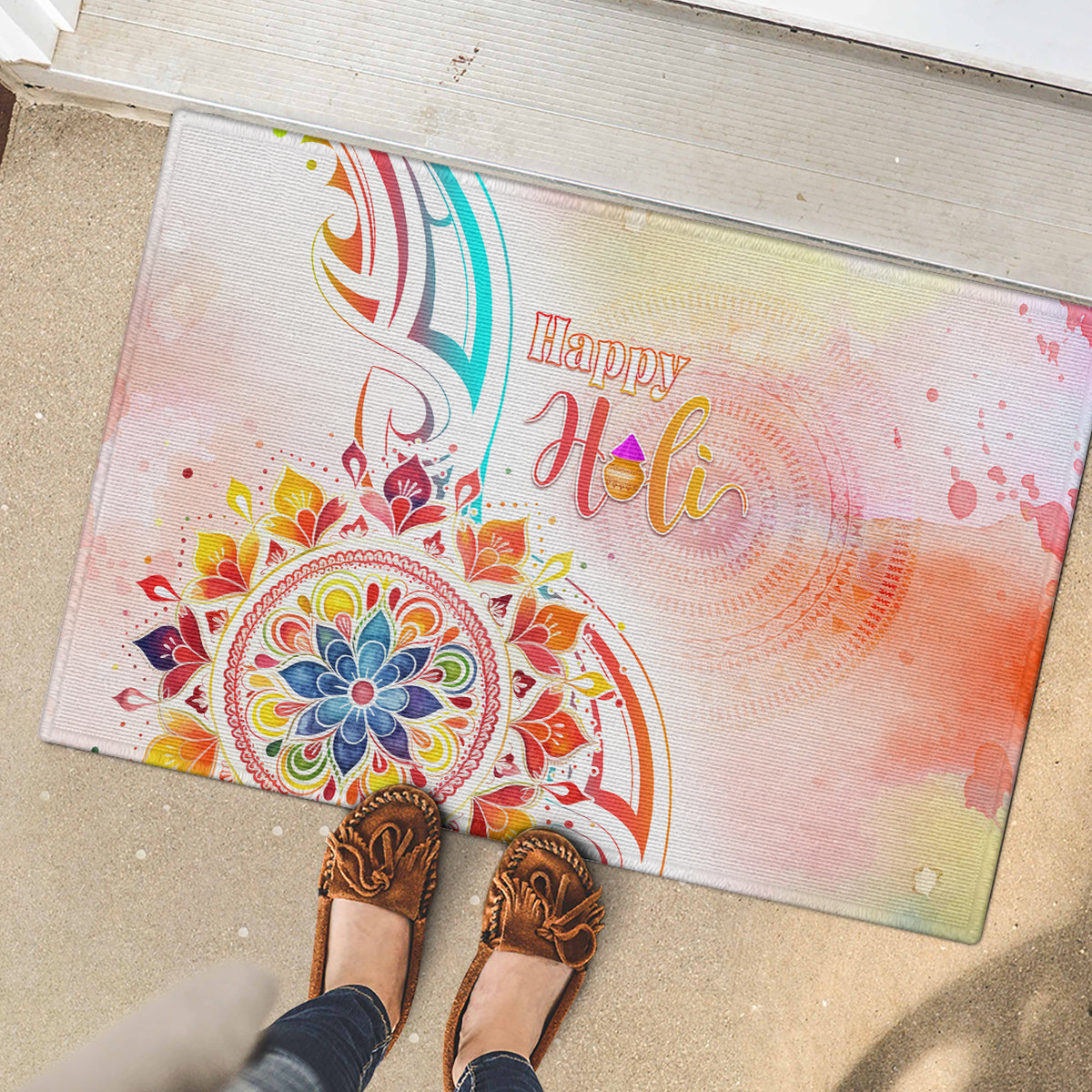 Happy Holi Festival Rubber Doormat Rangoli With Polynesian Pattern LT05 - Polynesian Pride
