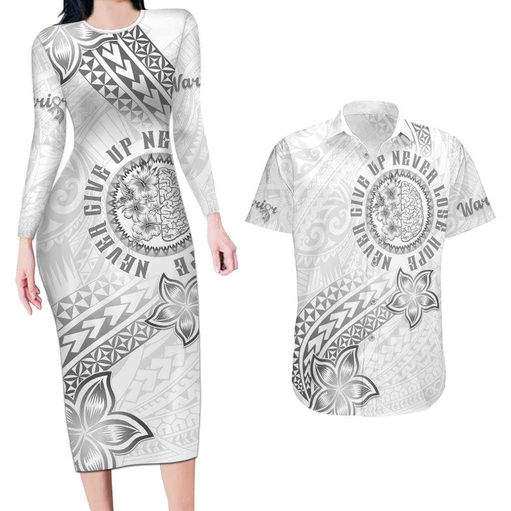 Brain Cancer Warrior Couples Matching Long Sleeve Bodycon Dress and Hawaiian Shirt Never Give Up LT05 White - Polynesian Pride