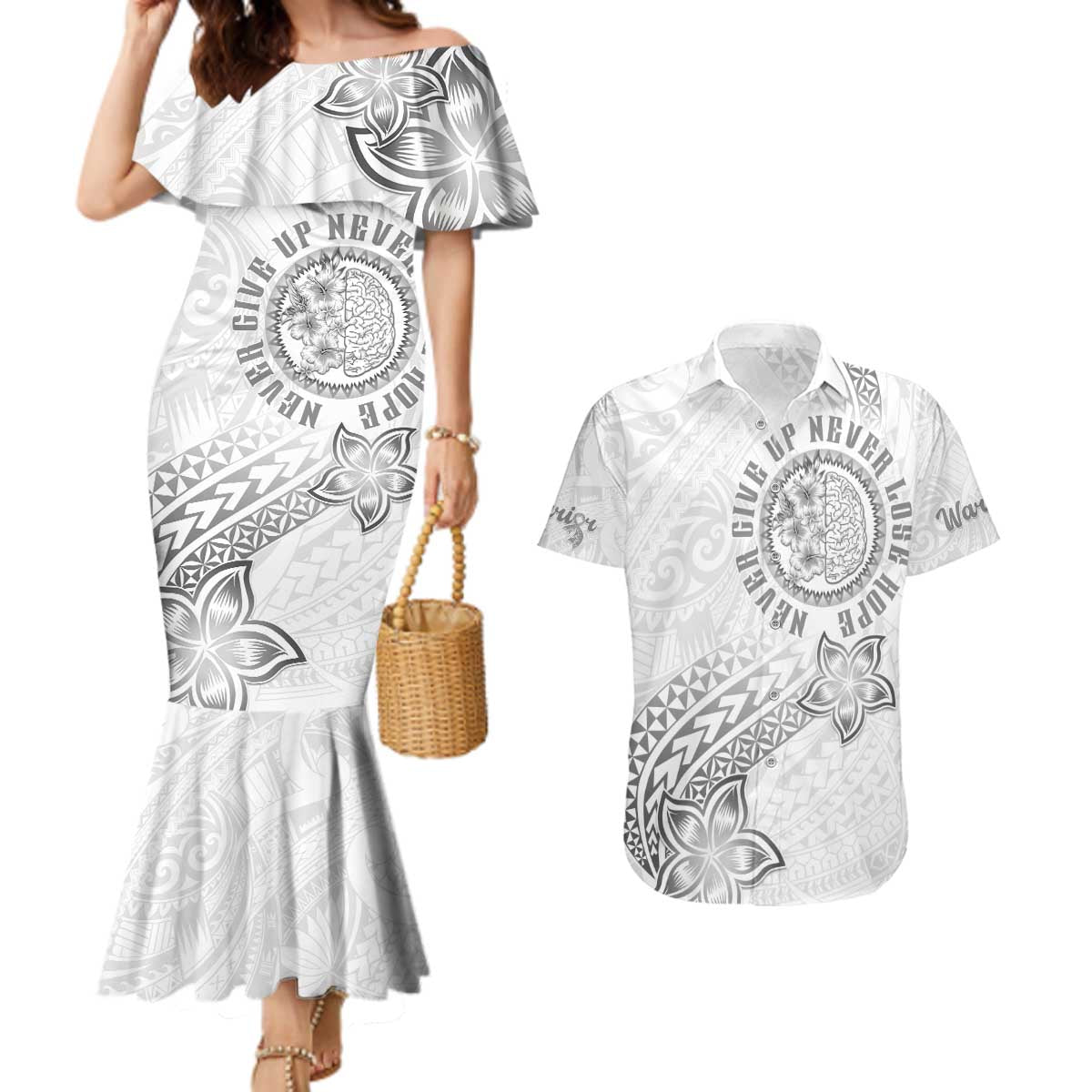 Brain Cancer Warrior Couples Matching Mermaid Dress and Hawaiian Shirt Never Give Up LT05 White - Polynesian Pride