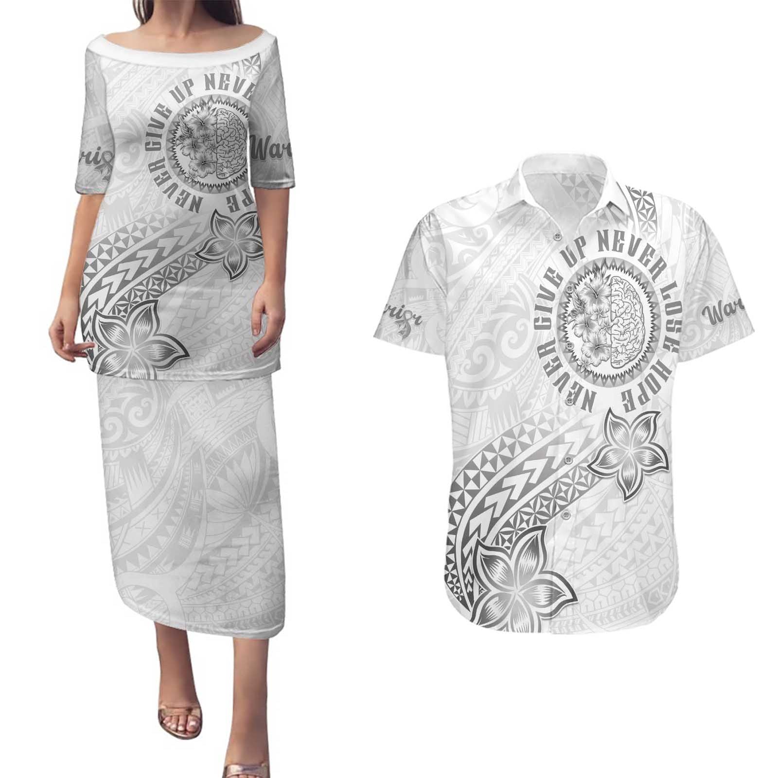 Brain Cancer Warrior Couples Matching Puletasi and Hawaiian Shirt Never Give Up LT05 White - Polynesian Pride