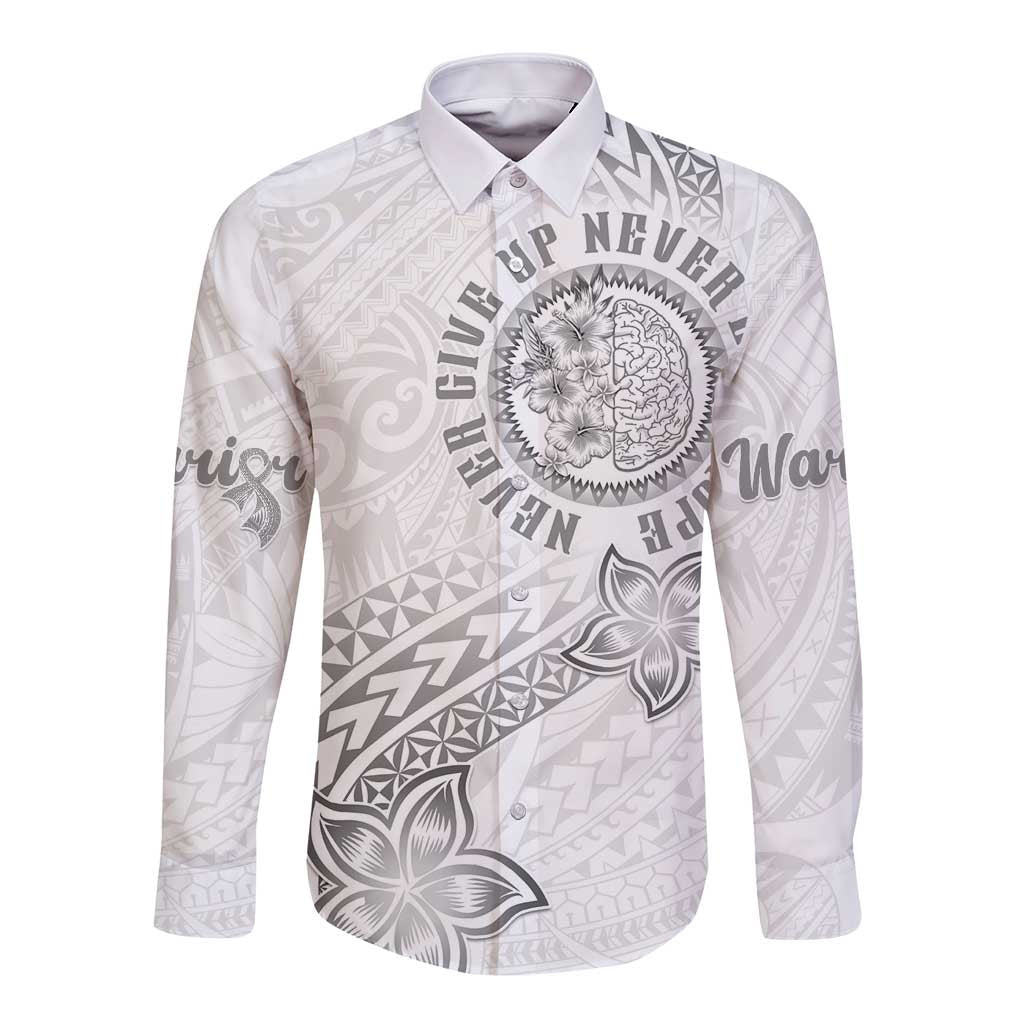Brain Cancer Warrior Long Sleeve Button Shirt Never Give Up LT05 Unisex White - Polynesian Pride