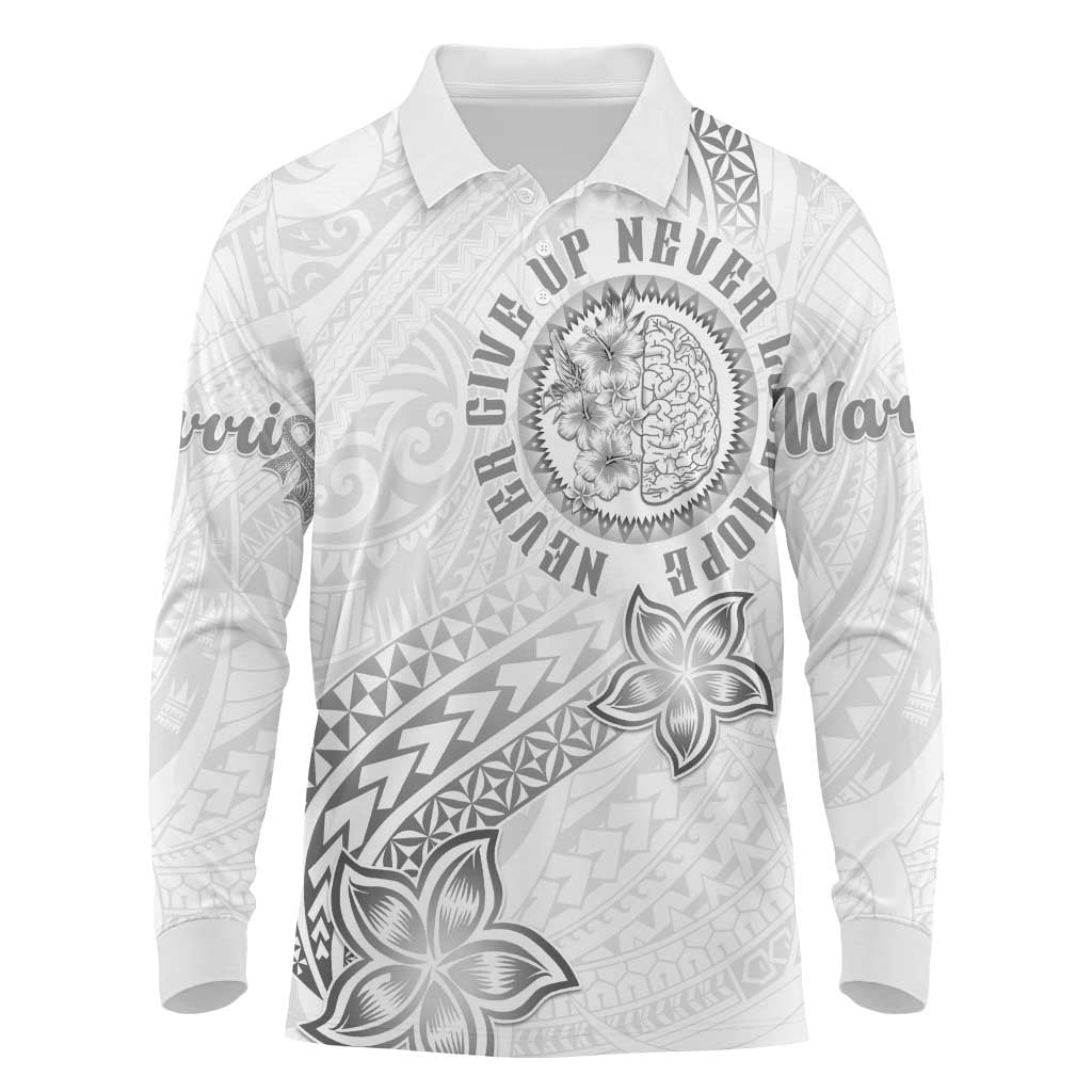 Brain Cancer Warrior Long Sleeve Polo Shirt Never Give Up LT05 White - Polynesian Pride