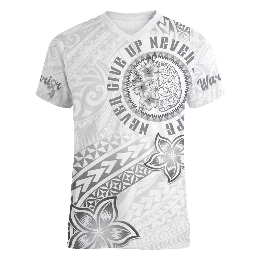 Brain Cancer Warrior Women V-Neck T-Shirt Never Give Up LT05 Female White - Polynesian Pride