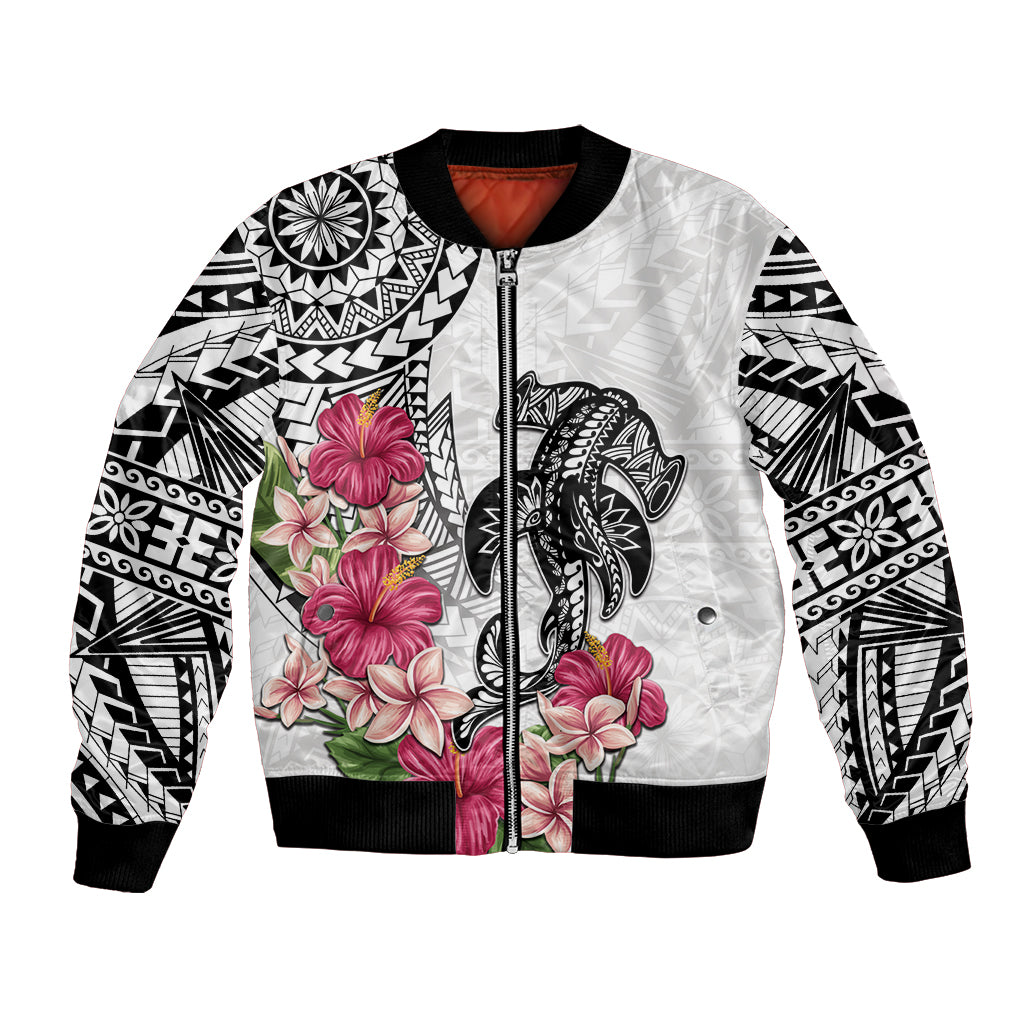 White Polynesian Hammerhead Shark Tribal Pattern Bomber Jacket