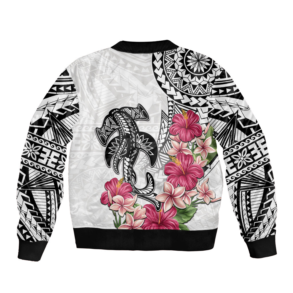 White Polynesian Hammerhead Shark Tribal Pattern Bomber Jacket