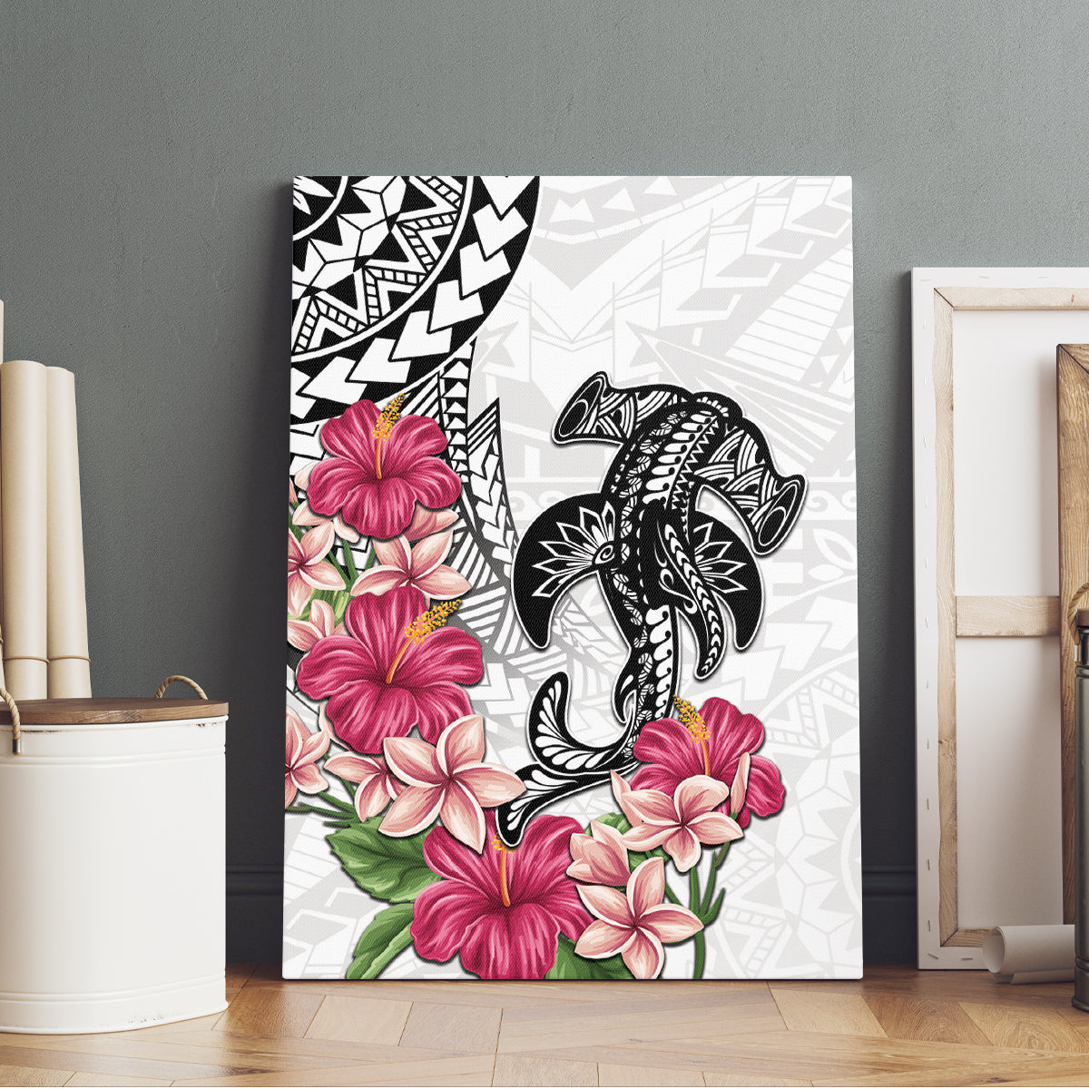 White Polynesian Hammerhead Shark Tribal Pattern Canvas Wall Art