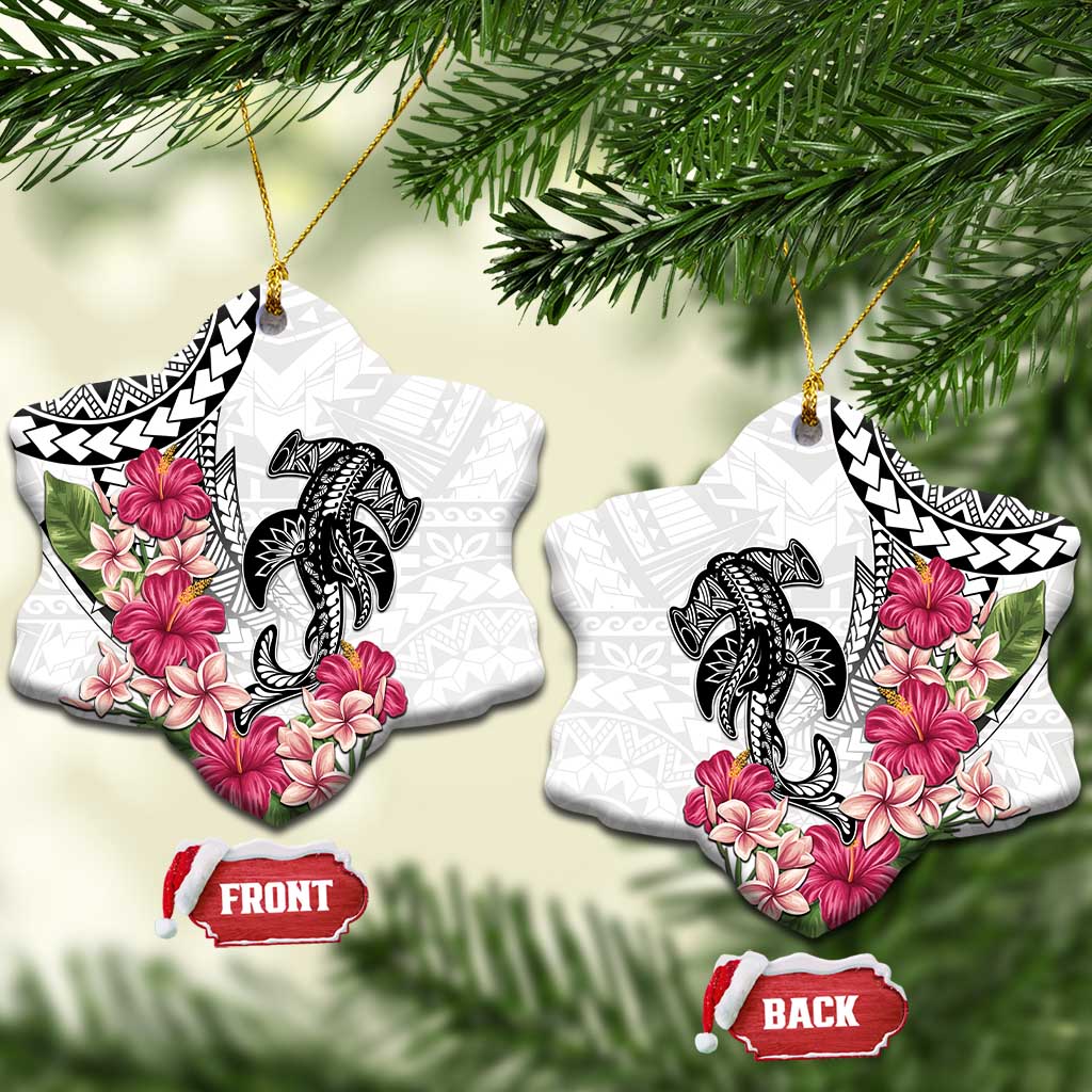 White Polynesian Hammerhead Shark Tribal Pattern Ceramic Ornament