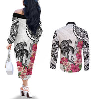 White Polynesian Hammerhead Shark Tribal Pattern Couples Matching Off The Shoulder Long Sleeve Dress and Long Sleeve Button Shirt