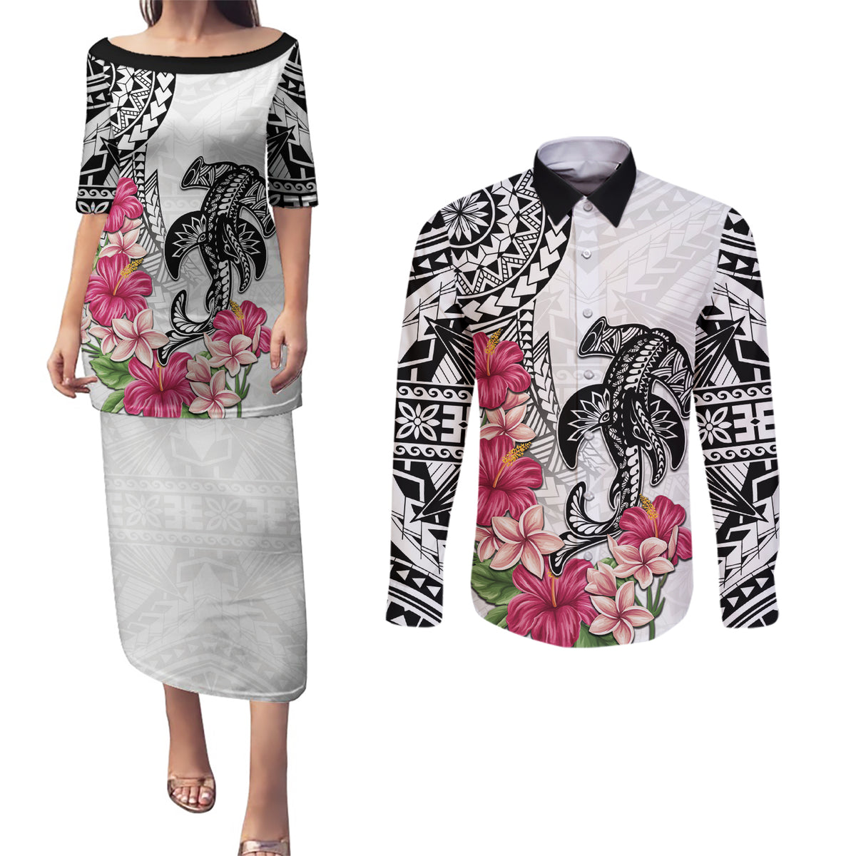White Polynesian Hammerhead Shark Tribal Pattern Couples Matching Puletasi and Long Sleeve Button Shirt