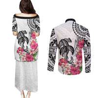 White Polynesian Hammerhead Shark Tribal Pattern Couples Matching Puletasi and Long Sleeve Button Shirt