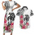 White Polynesian Hammerhead Shark Tribal Pattern Couples Matching Short Sleeve Bodycon Dress and Hawaiian Shirt