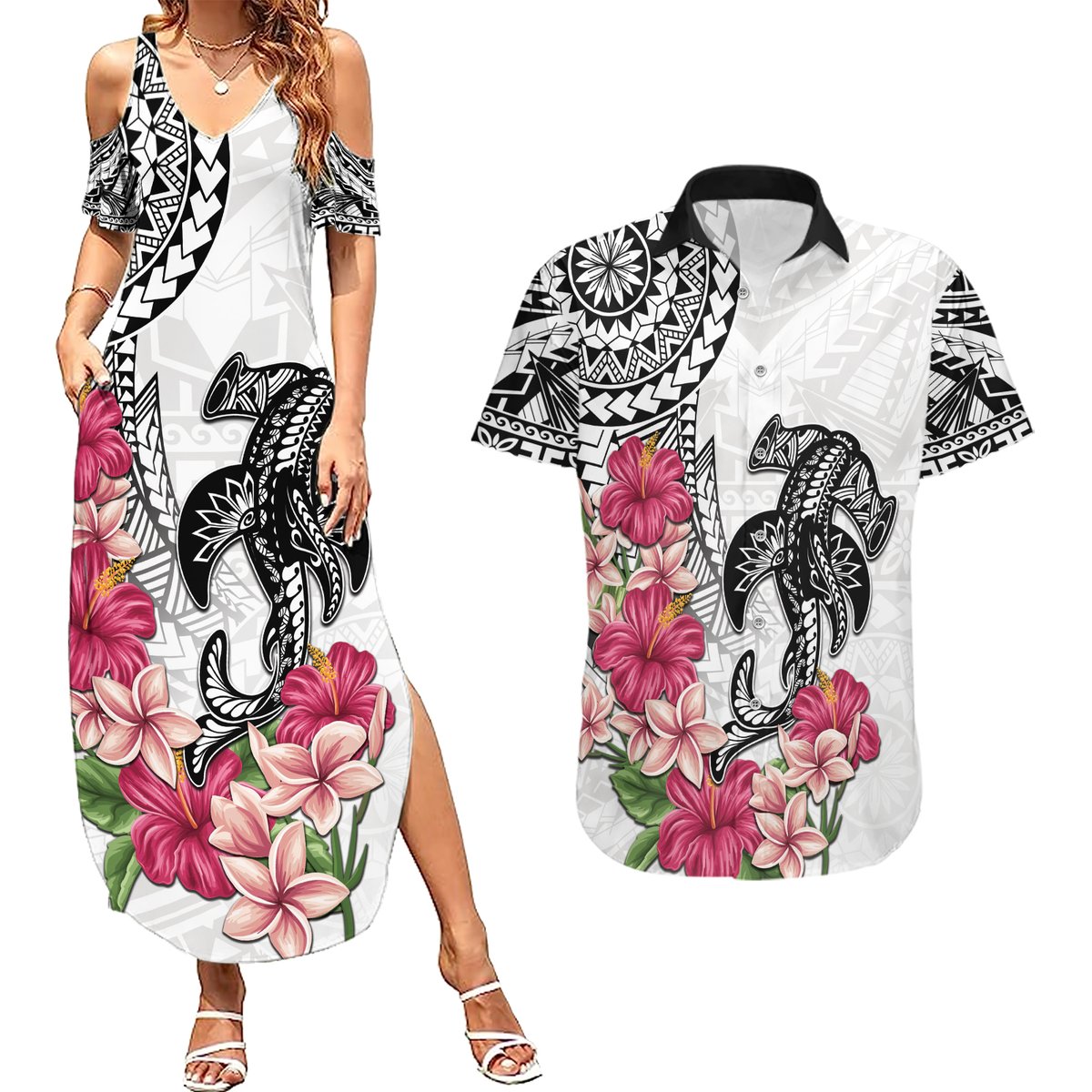 White Polynesian Hammerhead Shark Tribal Pattern Couples Matching Summer Maxi Dress and Hawaiian Shirt LT05 White - Polynesian Pride