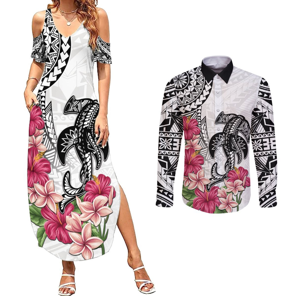 White Polynesian Hammerhead Shark Tribal Pattern Couples Matching Summer Maxi Dress and Long Sleeve Button Shirt LT05 White - Polynesian Pride