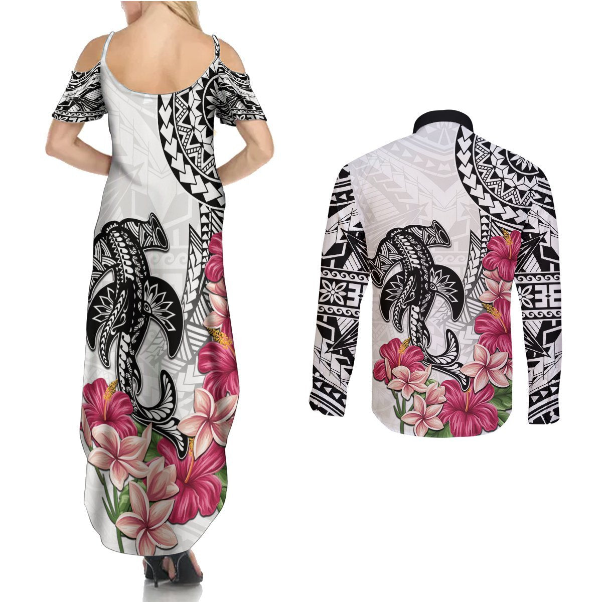 White Polynesian Hammerhead Shark Tribal Pattern Couples Matching Summer Maxi Dress and Long Sleeve Button Shirt LT05 - Polynesian Pride