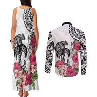 White Polynesian Hammerhead Shark Tribal Pattern Couples Matching Tank Maxi Dress and Long Sleeve Button Shirt