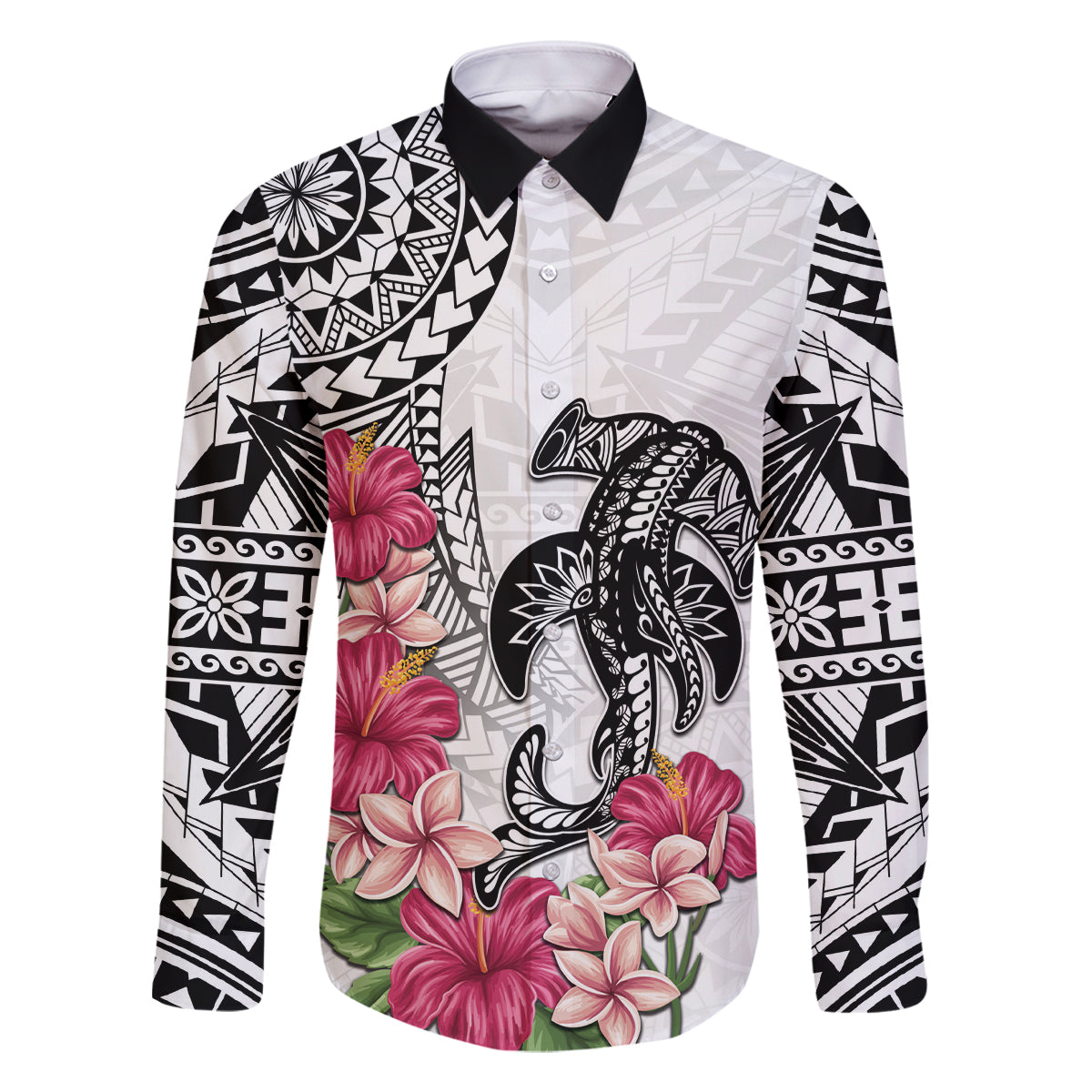 White Polynesian Hammerhead Shark Tribal Pattern Family Matching Long Sleeve Bodycon Dress and Hawaiian Shirt