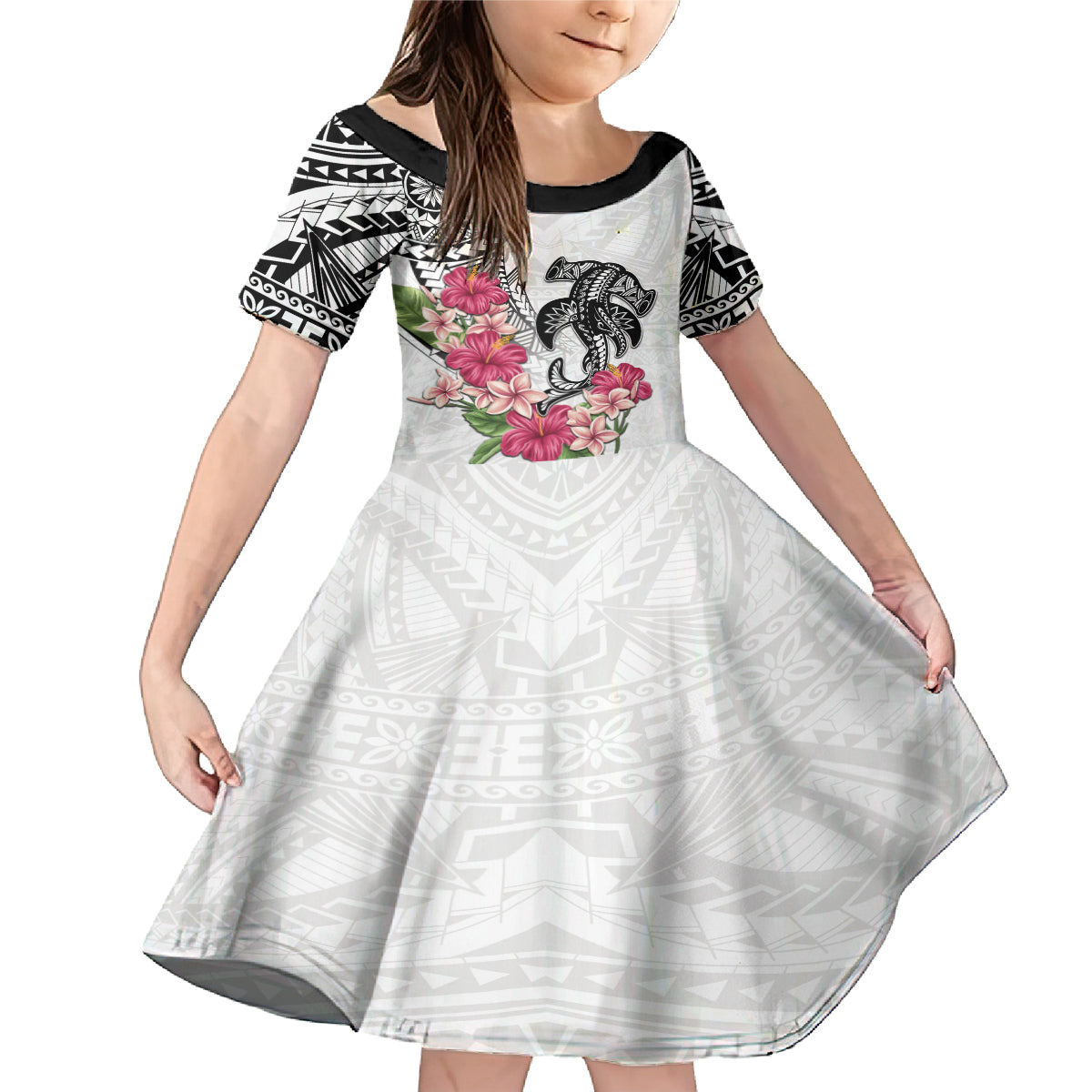 White Polynesian Hammerhead Shark Tribal Pattern Family Matching Mermaid Dress and Hawaiian Shirt LT05 Daughter's Dress White - Polynesian Pride