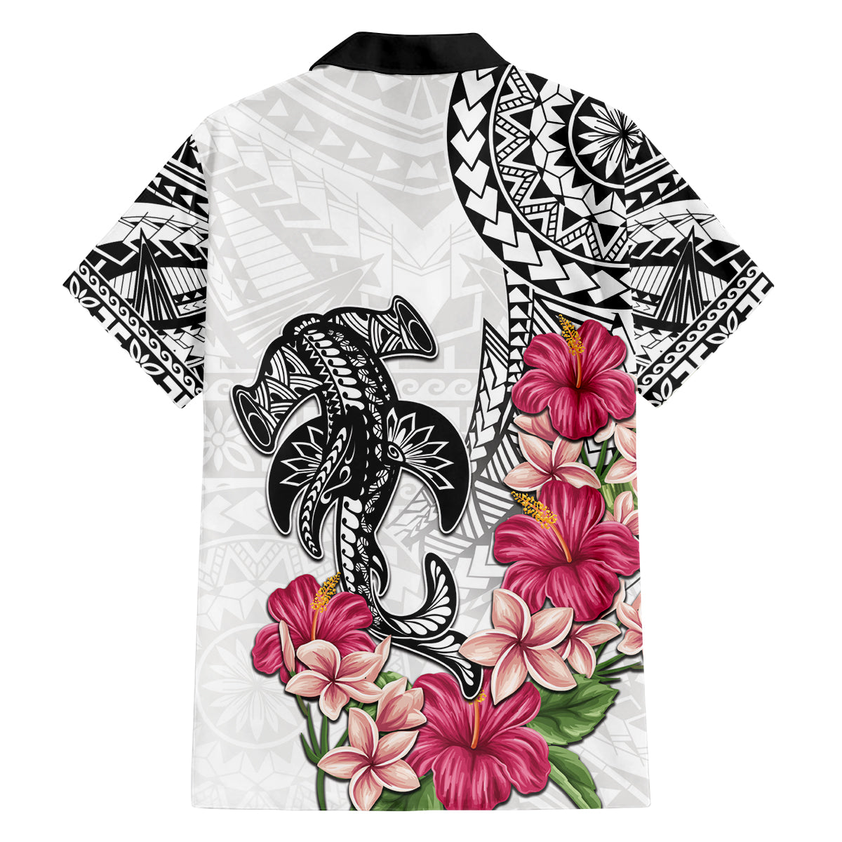 White Polynesian Hammerhead Shark Tribal Pattern Family Matching Off The Shoulder Long Sleeve Dress and Hawaiian Shirt