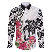 White Polynesian Hammerhead Shark Tribal Pattern Family Matching Off The Shoulder Long Sleeve Dress and Hawaiian Shirt
