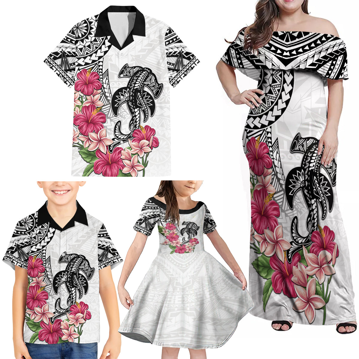 White Polynesian Hammerhead Shark Tribal Pattern Family Matching Off Shoulder Maxi Dress and Hawaiian Shirt LT05 - Polynesian Pride