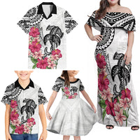 White Polynesian Hammerhead Shark Tribal Pattern Family Matching Off Shoulder Maxi Dress and Hawaiian Shirt LT05 - Polynesian Pride
