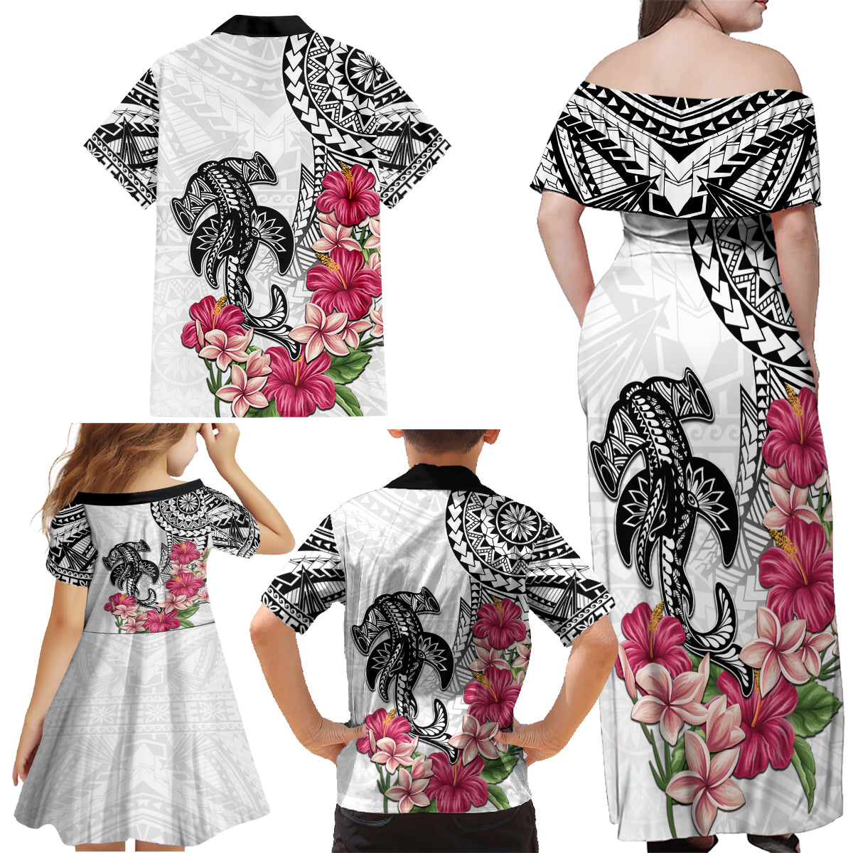 White Polynesian Hammerhead Shark Tribal Pattern Family Matching Off Shoulder Maxi Dress and Hawaiian Shirt LT05 - Polynesian Pride