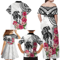 White Polynesian Hammerhead Shark Tribal Pattern Family Matching Off Shoulder Maxi Dress and Hawaiian Shirt LT05 - Polynesian Pride