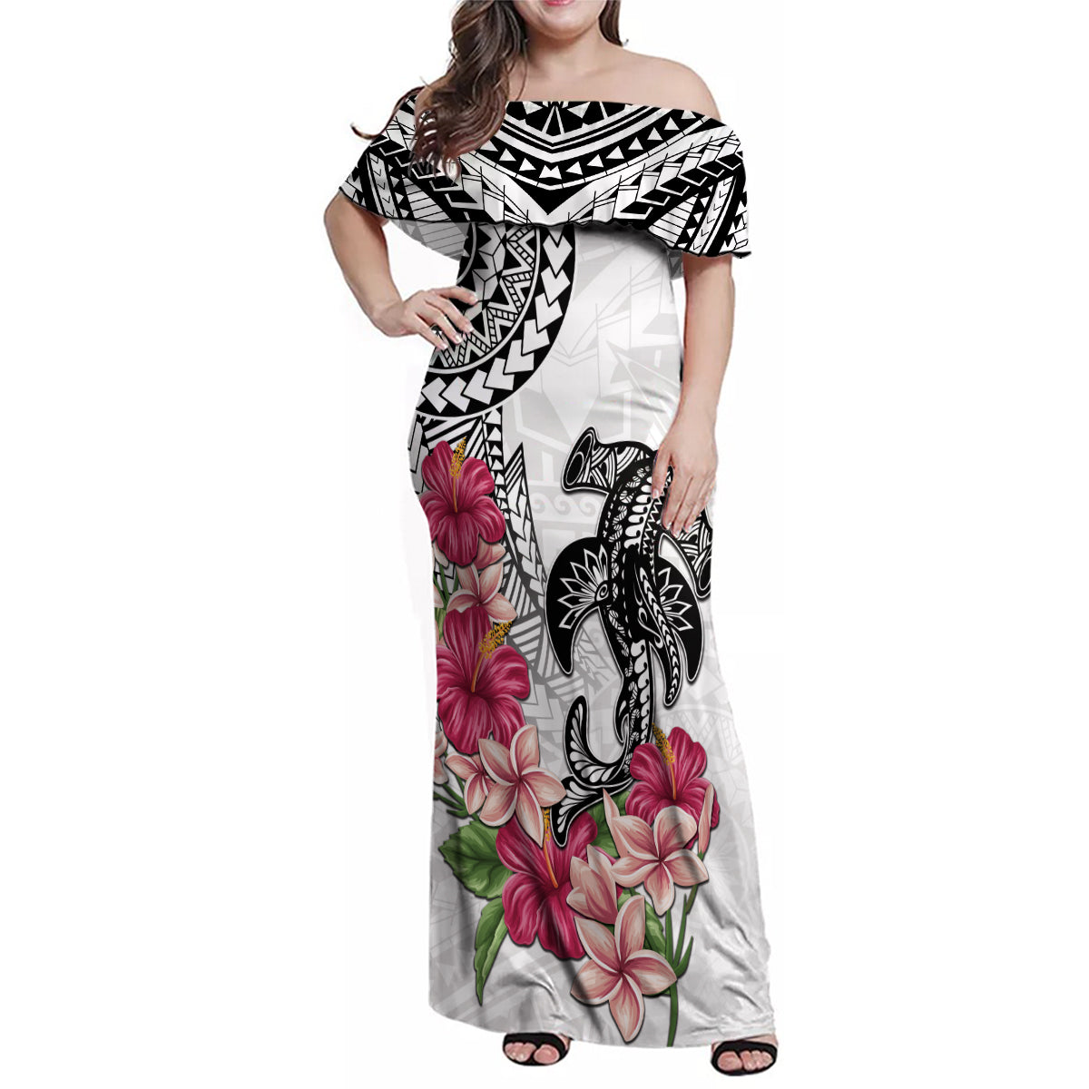 White Polynesian Hammerhead Shark Tribal Pattern Family Matching Off Shoulder Maxi Dress and Hawaiian Shirt LT05 Mom's Dress White - Polynesian Pride