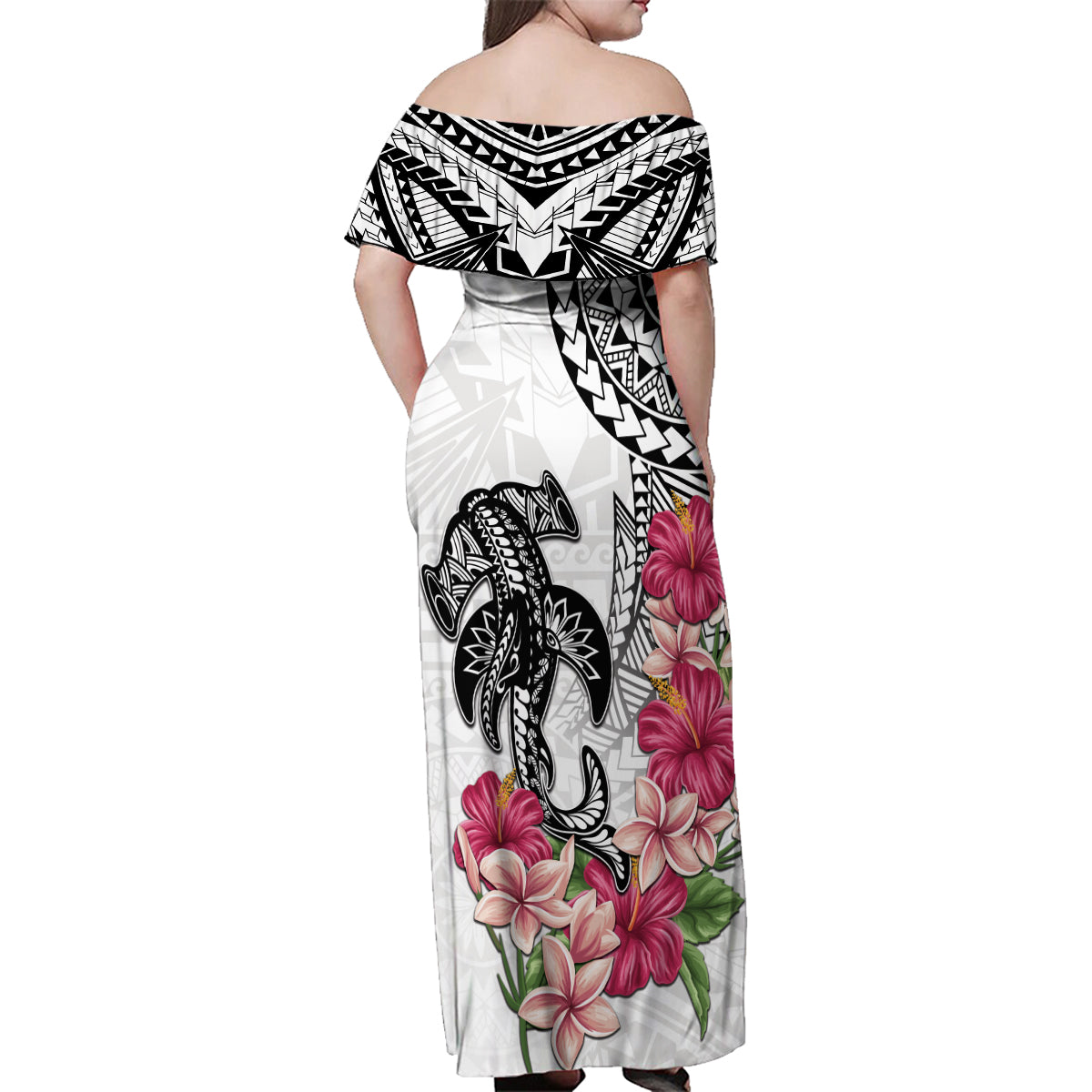 White Polynesian Hammerhead Shark Tribal Pattern Family Matching Off Shoulder Maxi Dress and Hawaiian Shirt LT05 - Polynesian Pride
