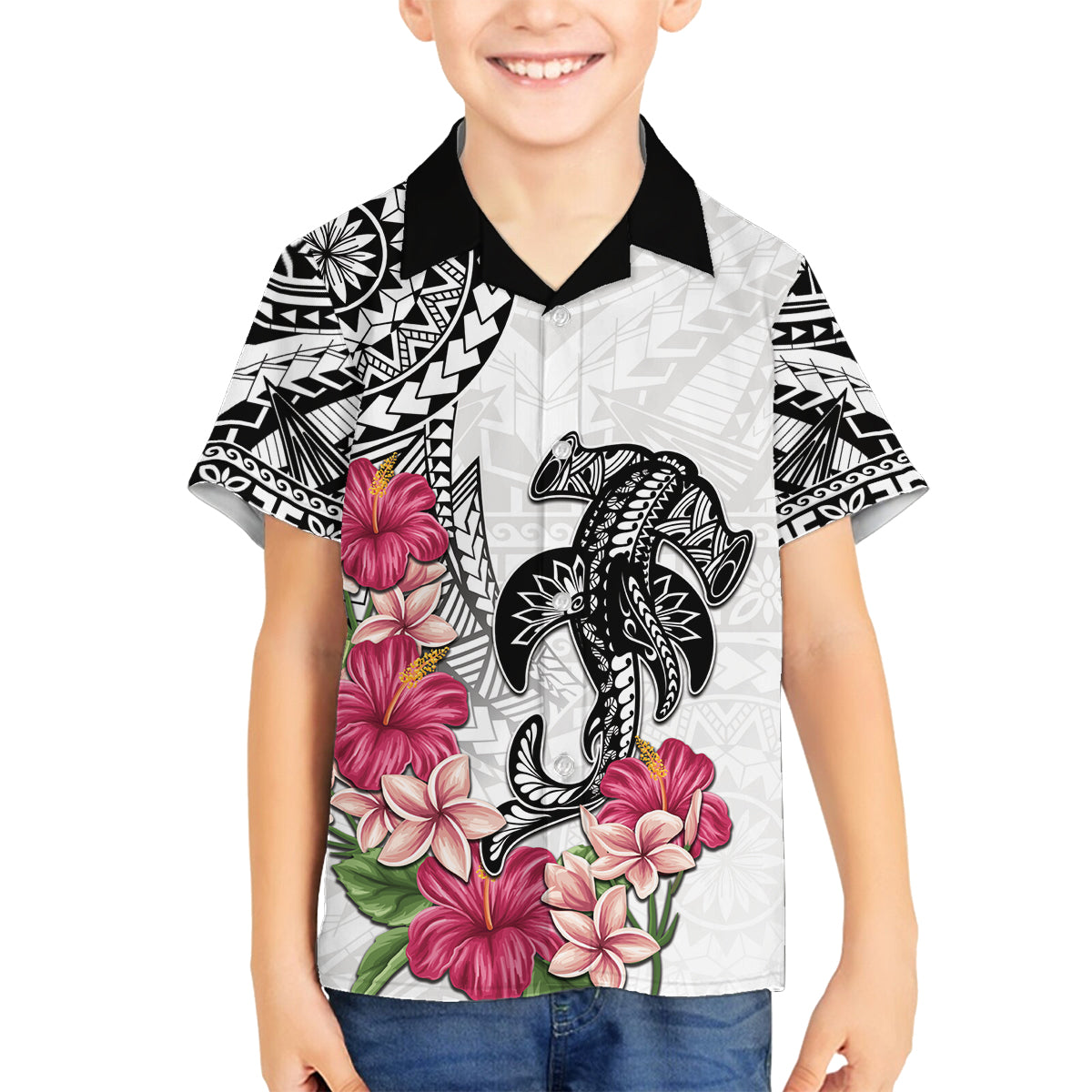 White Polynesian Hammerhead Shark Tribal Pattern Family Matching Off Shoulder Maxi Dress and Hawaiian Shirt LT05 Son's Shirt White - Polynesian Pride