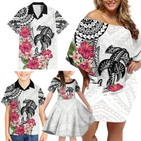 White Polynesian Hammerhead Shark Tribal Pattern Family Matching Off Shoulder Short Dress and Hawaiian Shirt LT05 - Polynesian Pride