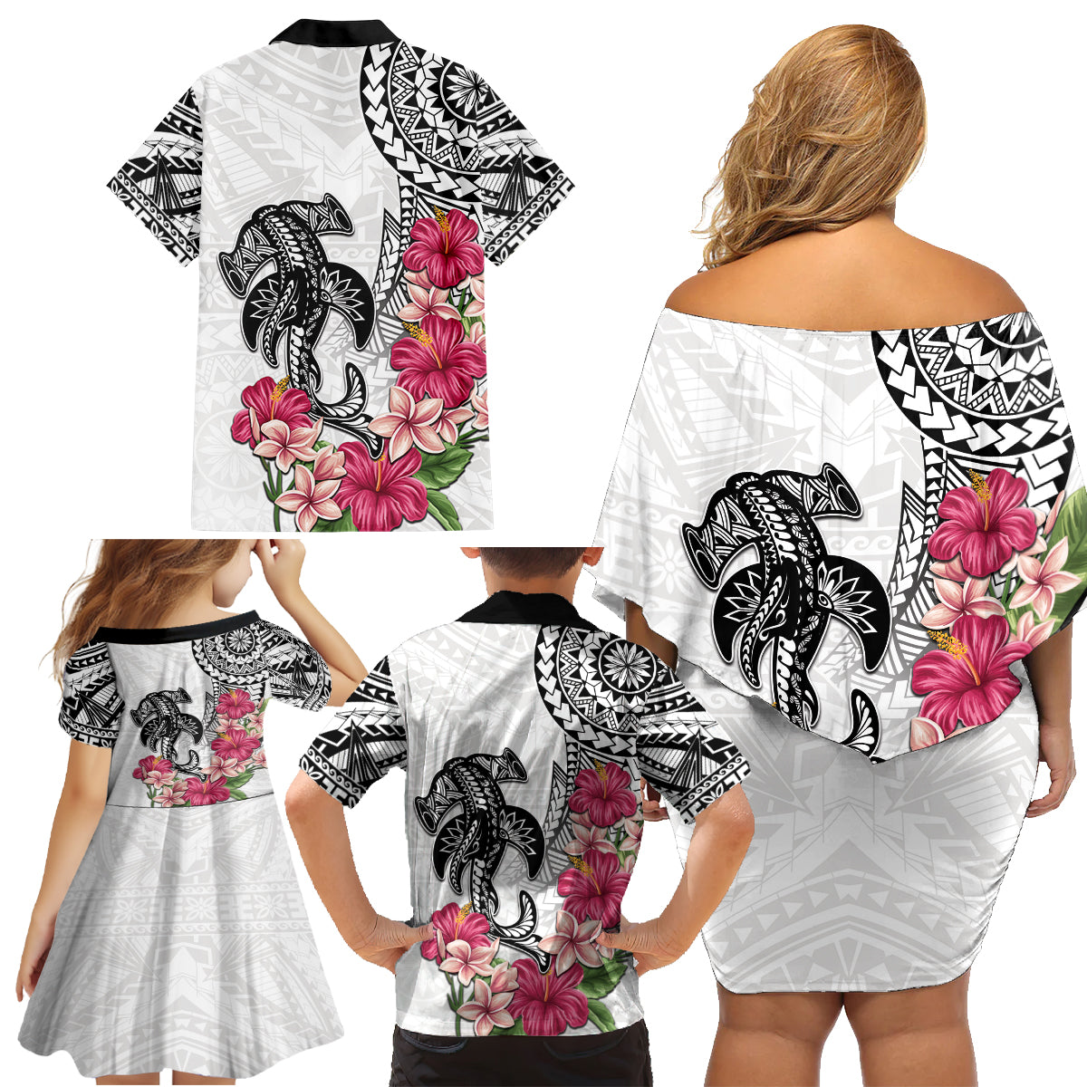 White Polynesian Hammerhead Shark Tribal Pattern Family Matching Off Shoulder Short Dress and Hawaiian Shirt LT05 - Polynesian Pride