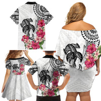 White Polynesian Hammerhead Shark Tribal Pattern Family Matching Off Shoulder Short Dress and Hawaiian Shirt LT05 - Polynesian Pride