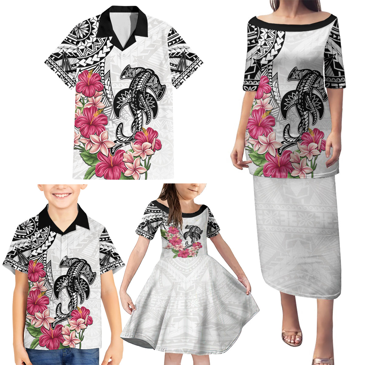 White Polynesian Hammerhead Shark Tribal Pattern Family Matching Puletasi and Hawaiian Shirt LT05 - Polynesian Pride