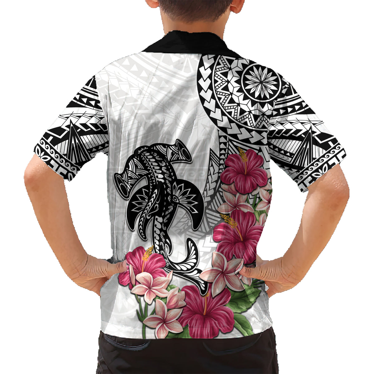 White Polynesian Hammerhead Shark Tribal Pattern Family Matching Short Sleeve Bodycon Dress and Hawaiian Shirt LT05 - Polynesian Pride